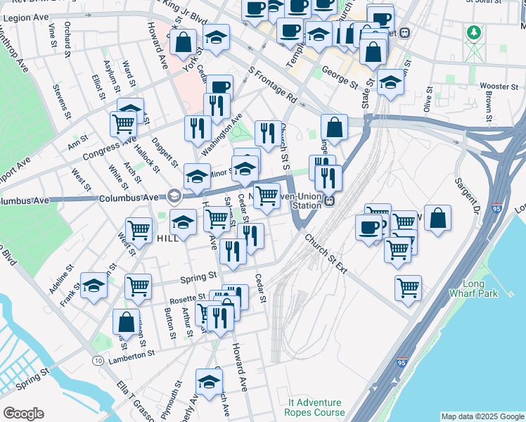 map of restaurants, bars, coffee shops, grocery stores, and more near 45 Liberty Street in New Haven