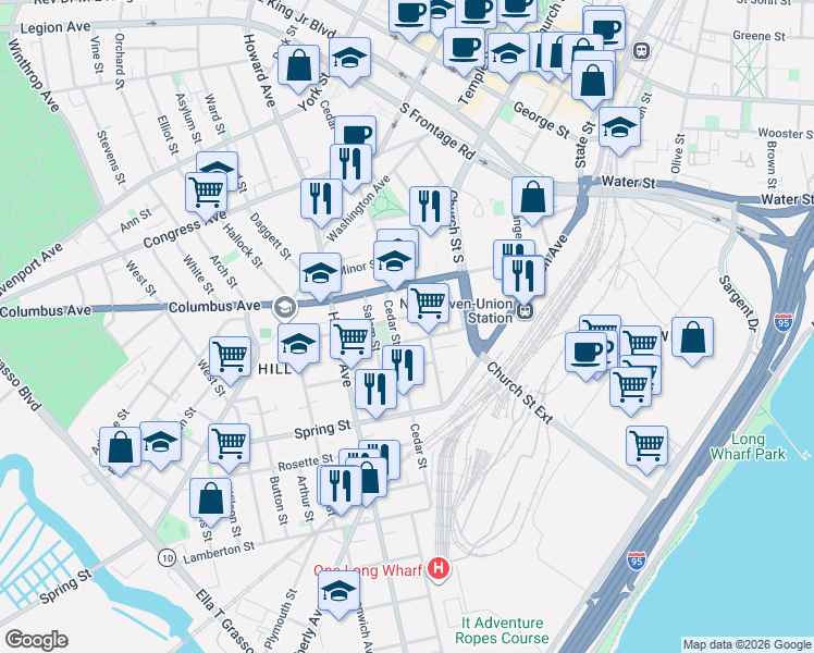 map of restaurants, bars, coffee shops, grocery stores, and more near 140 Carlisle Street in New Haven