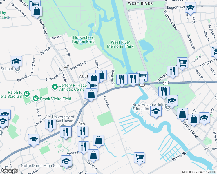 map of restaurants, bars, coffee shops, grocery stores, and more near 127 Boston Post Road in West Haven