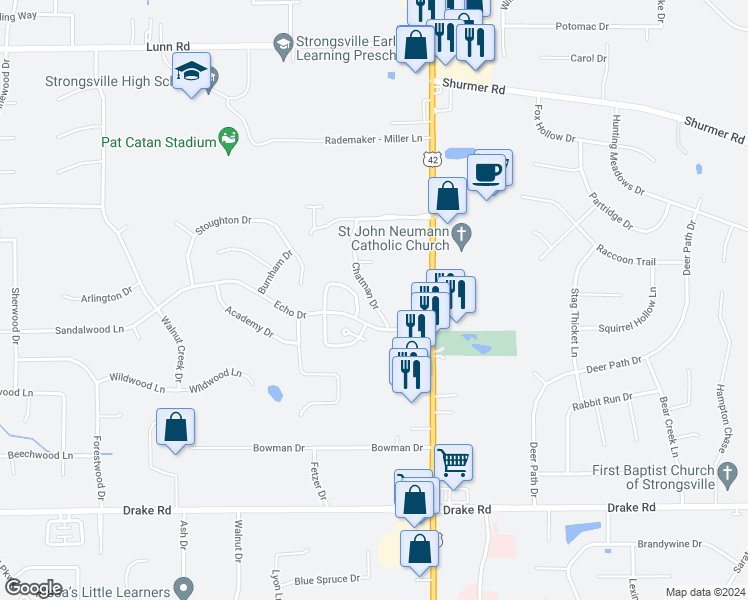map of restaurants, bars, coffee shops, grocery stores, and more near 19150 Echo Drive in Strongsville
