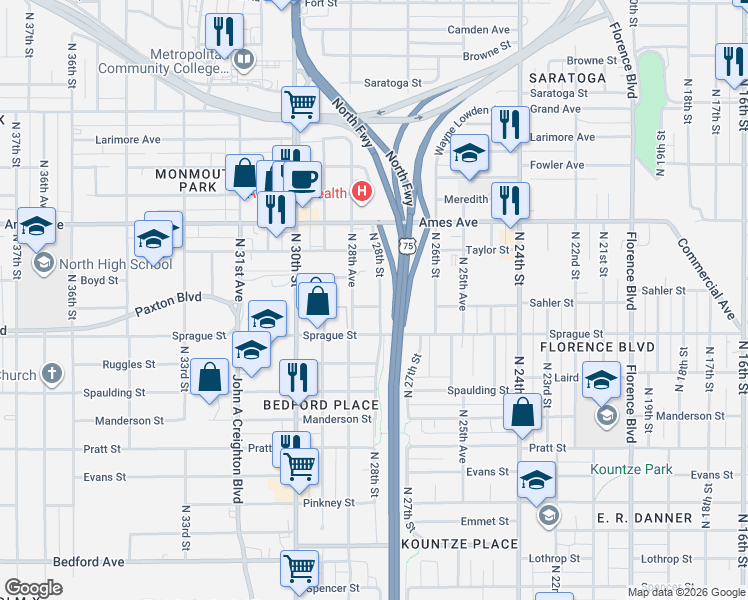 map of restaurants, bars, coffee shops, grocery stores, and more near 4111 North 28th Avenue in Omaha