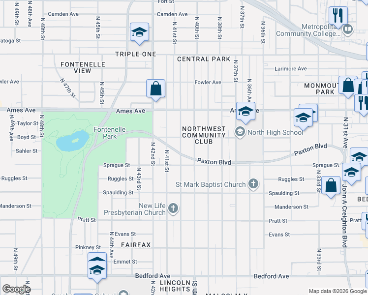 map of restaurants, bars, coffee shops, grocery stores, and more near 4015 North 40th Avenue in Omaha