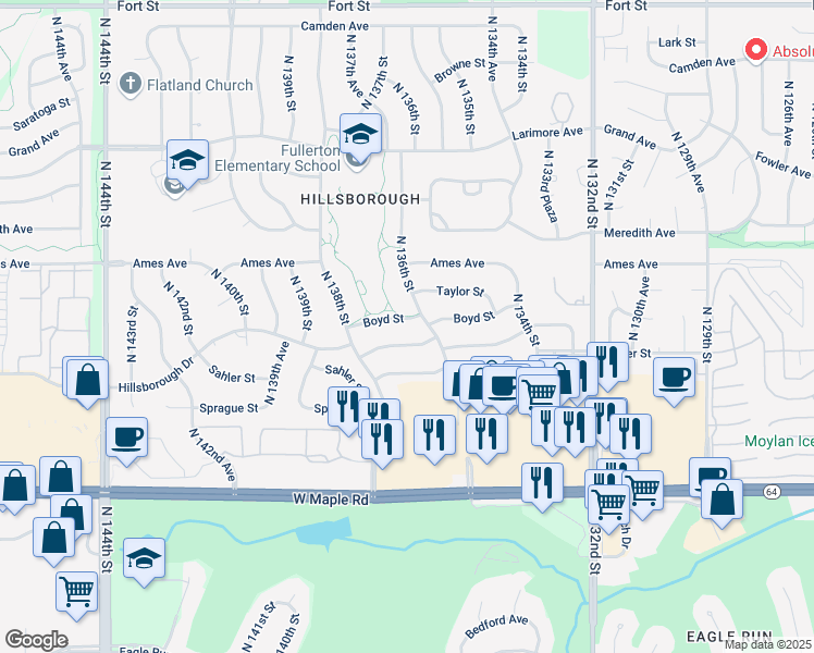 map of restaurants, bars, coffee shops, grocery stores, and more near 13705 Hillsborough Drive in Omaha