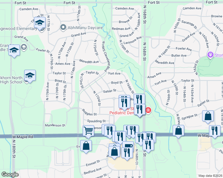 map of restaurants, bars, coffee shops, grocery stores, and more near 17040 Sprague Street in Omaha