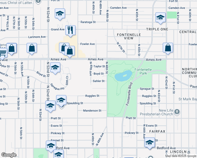 map of restaurants, bars, coffee shops, grocery stores, and more near 4826 Sahler Street in Omaha
