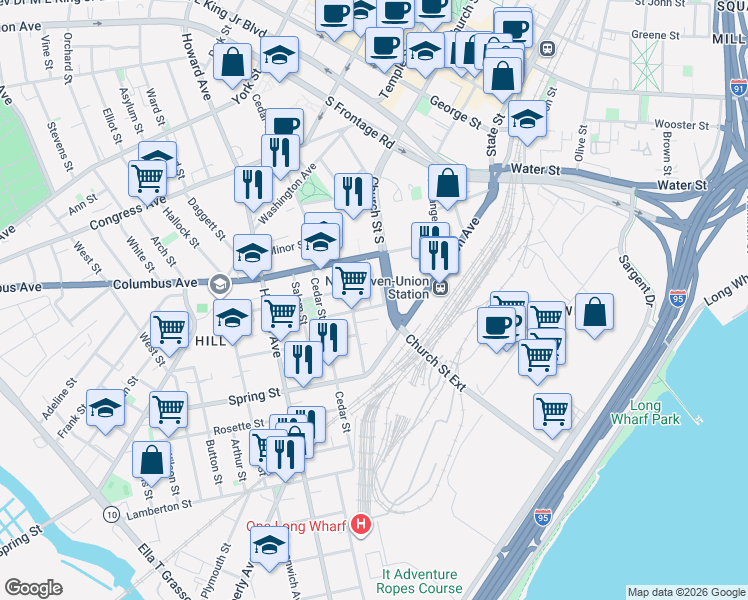 map of restaurants, bars, coffee shops, grocery stores, and more near 45 Liberty Street in New Haven