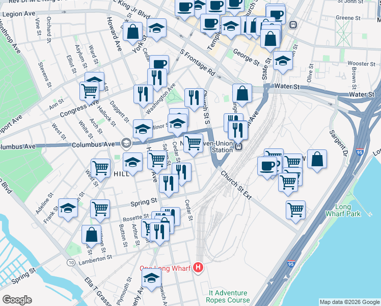 map of restaurants, bars, coffee shops, grocery stores, and more near 45 Liberty Street in New Haven