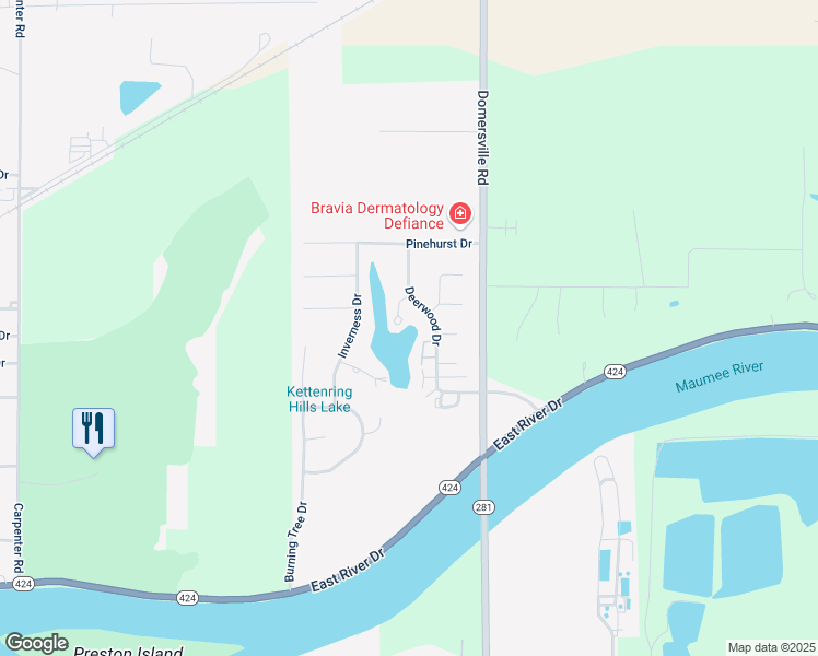 map of restaurants, bars, coffee shops, grocery stores, and more near 830 Deerwood Drive in Defiance