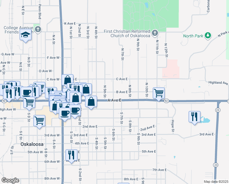 map of restaurants, bars, coffee shops, grocery stores, and more near 715 B Avenue East in Oskaloosa
