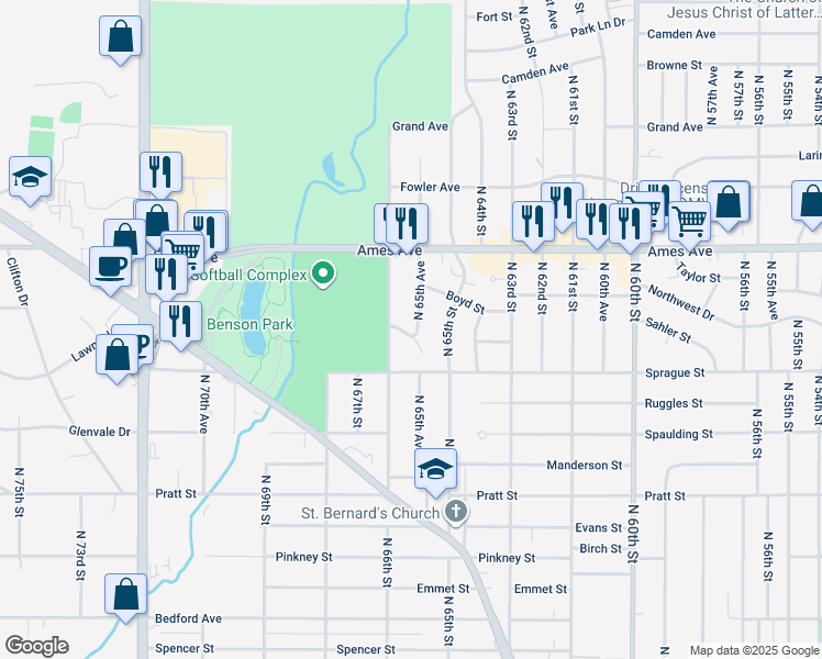 map of restaurants, bars, coffee shops, grocery stores, and more near 4202 North 65th Avenue in Omaha