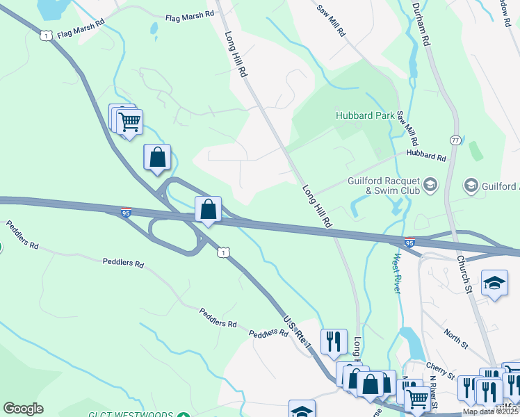 map of restaurants, bars, coffee shops, grocery stores, and more near 58 Windfall Lane in Guilford