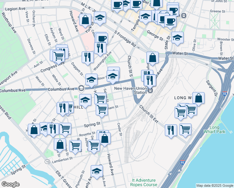 map of restaurants, bars, coffee shops, grocery stores, and more near 140 Carlisle Street in New Haven