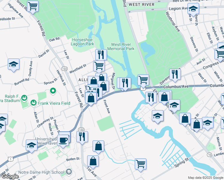 map of restaurants, bars, coffee shops, grocery stores, and more near 98 Boston Post Road in West Haven