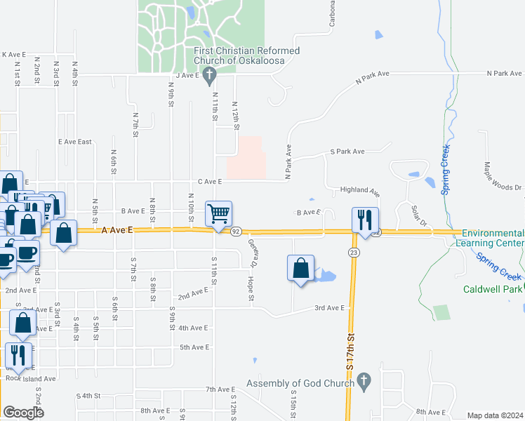 map of restaurants, bars, coffee shops, grocery stores, and more near 1315 A Avenue East in Oskaloosa