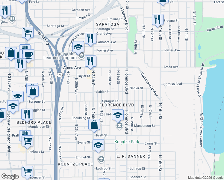map of restaurants, bars, coffee shops, grocery stores, and more near 4109 North 22nd Street in Omaha