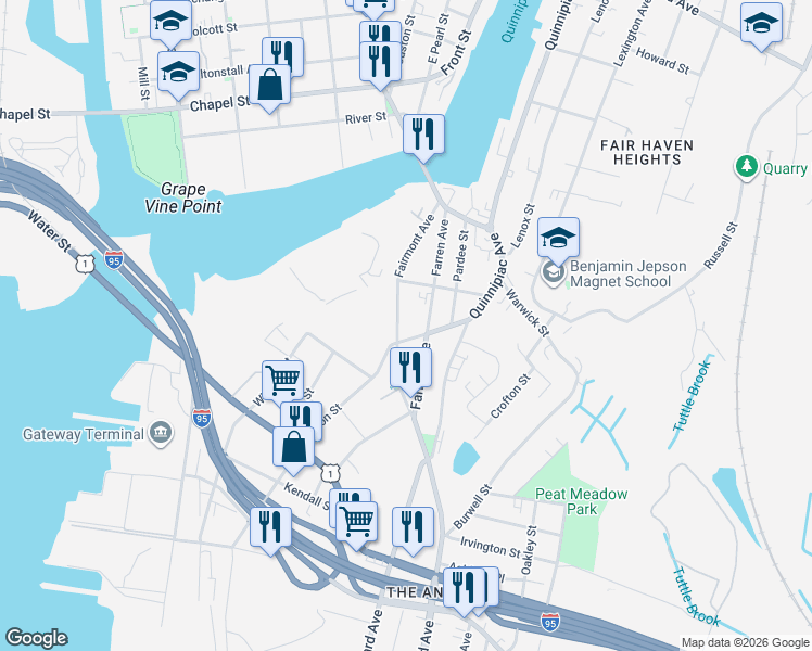 map of restaurants, bars, coffee shops, grocery stores, and more near 114 Fairmont Avenue in New Haven