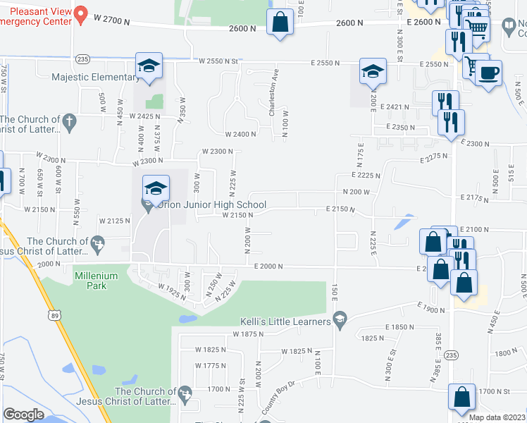 map of restaurants, bars, coffee shops, grocery stores, and more near 161 West 2150 North in Harrisville