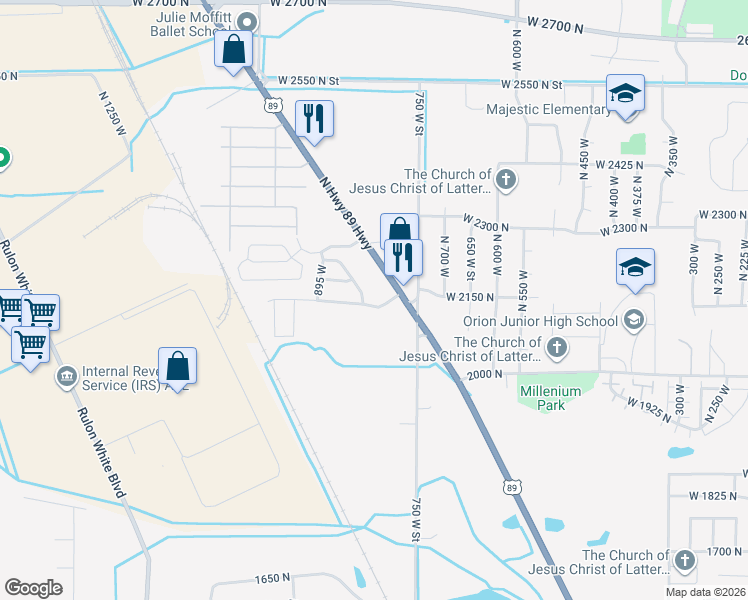 map of restaurants, bars, coffee shops, grocery stores, and more near 2126 Pebblebrook Road in Ogden