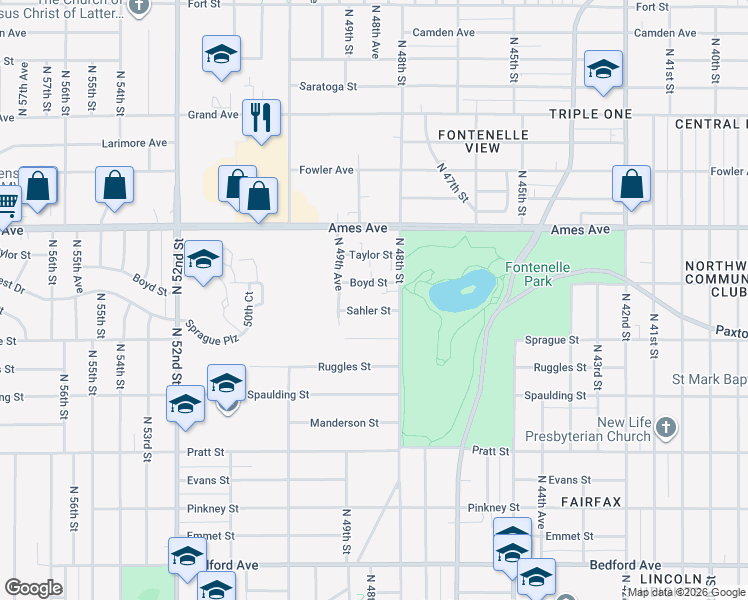 map of restaurants, bars, coffee shops, grocery stores, and more near 4822 Sahler Street in Omaha