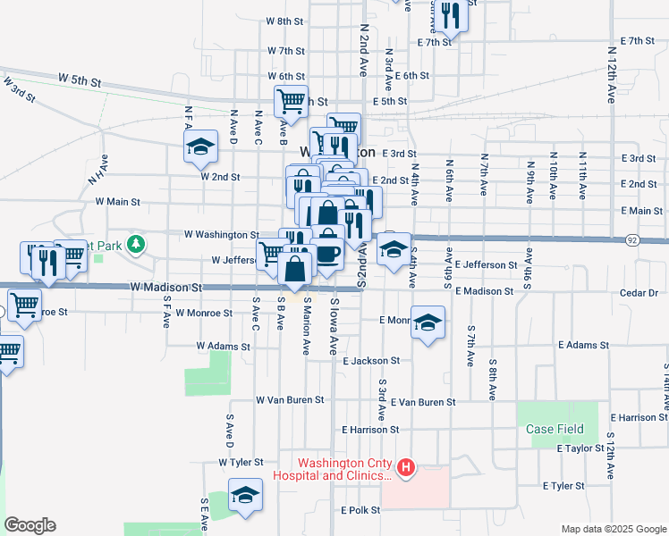 map of restaurants, bars, coffee shops, grocery stores, and more near 321 South Iowa Avenue in Washington