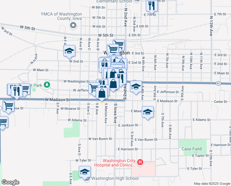 map of restaurants, bars, coffee shops, grocery stores, and more near 321 South Iowa Avenue in Washington