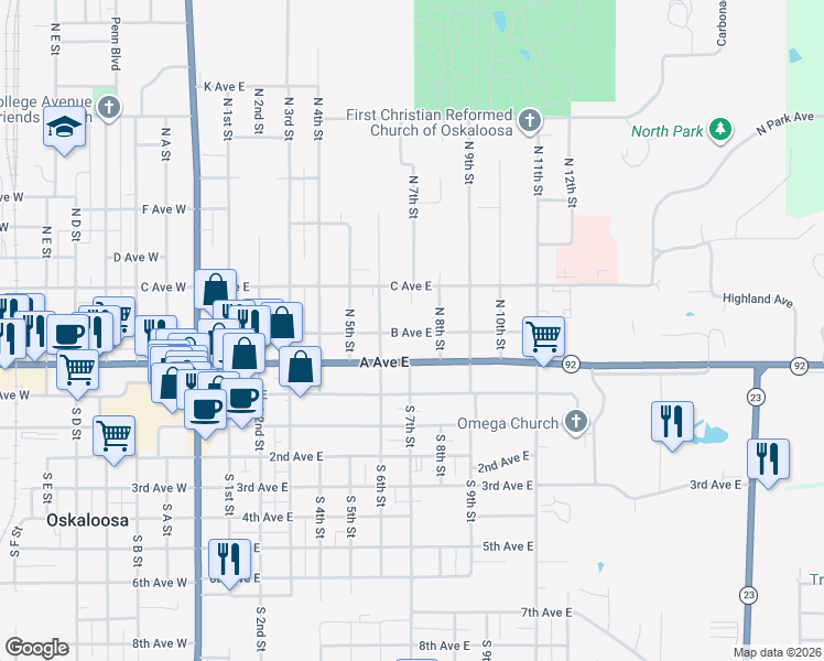 map of restaurants, bars, coffee shops, grocery stores, and more near 705 A Avenue East in Oskaloosa