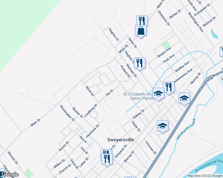 map of restaurants, bars, coffee shops, grocery stores, and more near 26 Jay Street in Swoyersville