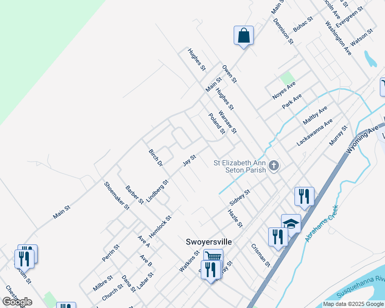 map of restaurants, bars, coffee shops, grocery stores, and more near 26 Jay Street in Swoyersville