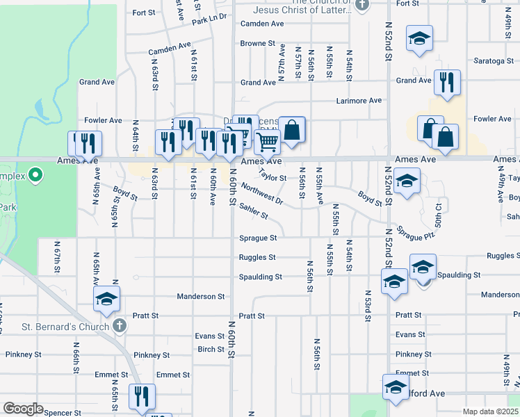 map of restaurants, bars, coffee shops, grocery stores, and more near 5821 Northwest Drive in Omaha