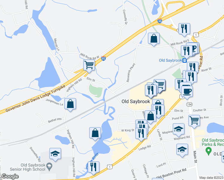 map of restaurants, bars, coffee shops, grocery stores, and more near 169 Elm Street in Old Saybrook