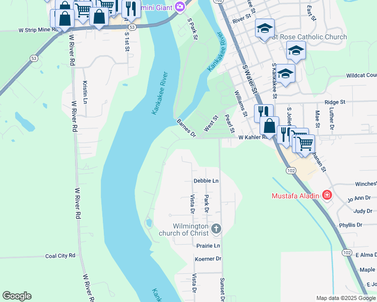 map of restaurants, bars, coffee shops, grocery stores, and more near 1100 Vista Drive in Wilmington