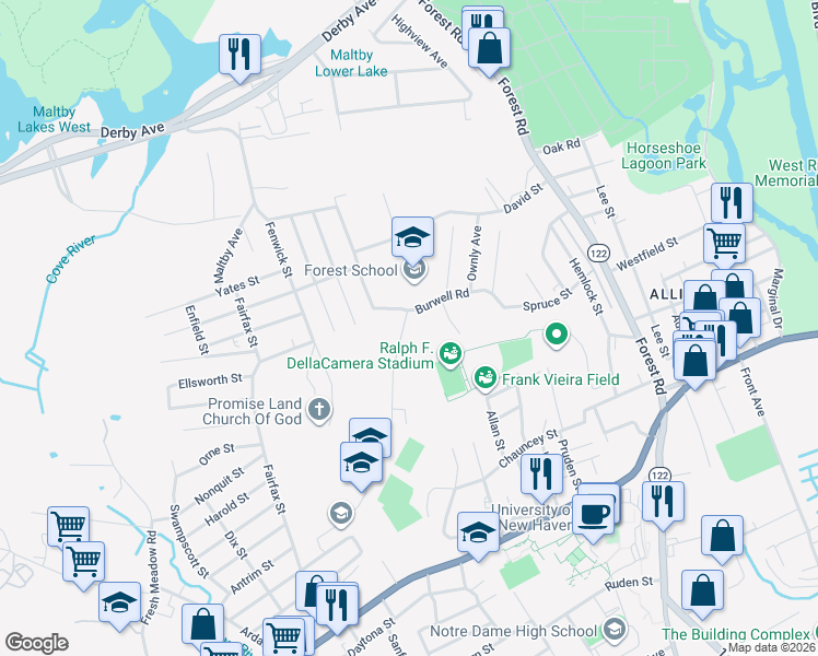 map of restaurants, bars, coffee shops, grocery stores, and more near 103 Burwell Road in West Haven