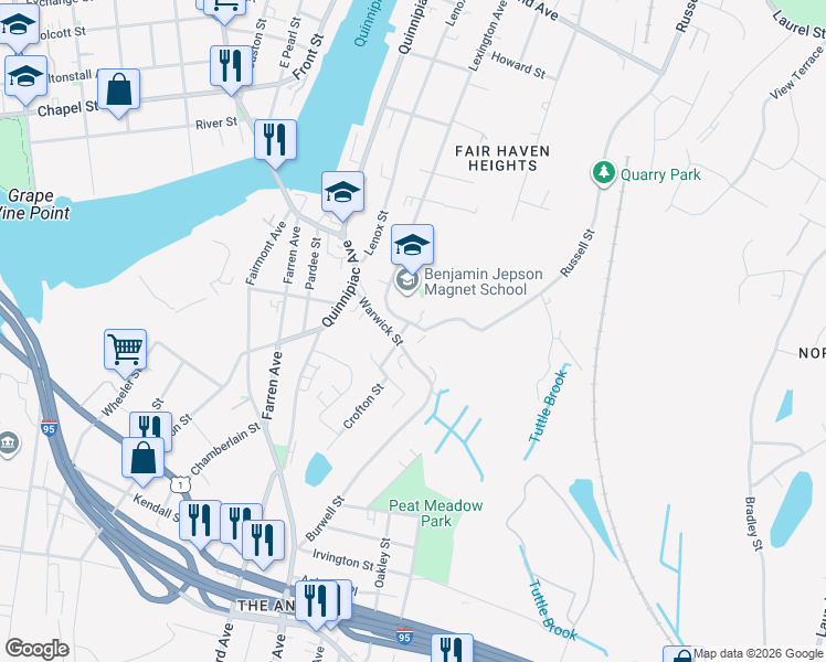 map of restaurants, bars, coffee shops, grocery stores, and more near 30 Warwick Street in New Haven