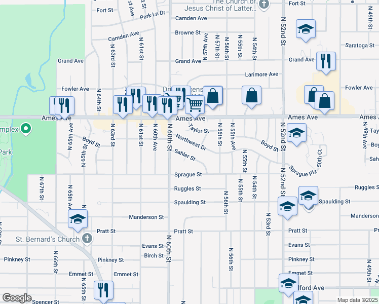 map of restaurants, bars, coffee shops, grocery stores, and more near 5821 Northwest Drive in Omaha