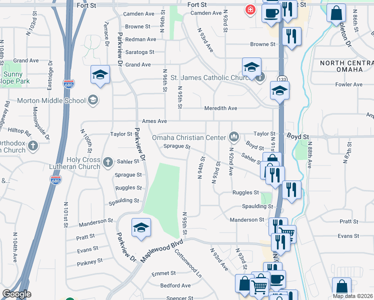 map of restaurants, bars, coffee shops, grocery stores, and more near 9419 Taylor Street in Omaha