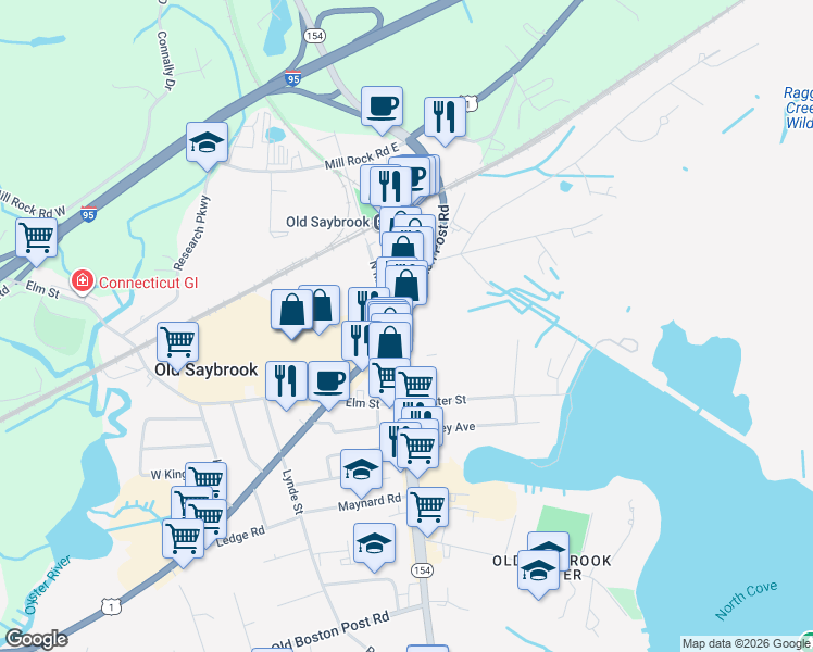 map of restaurants, bars, coffee shops, grocery stores, and more near 6 Main Street in Old Saybrook