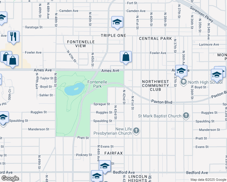 map of restaurants, bars, coffee shops, grocery stores, and more near 4148 North 43rd Street in Omaha