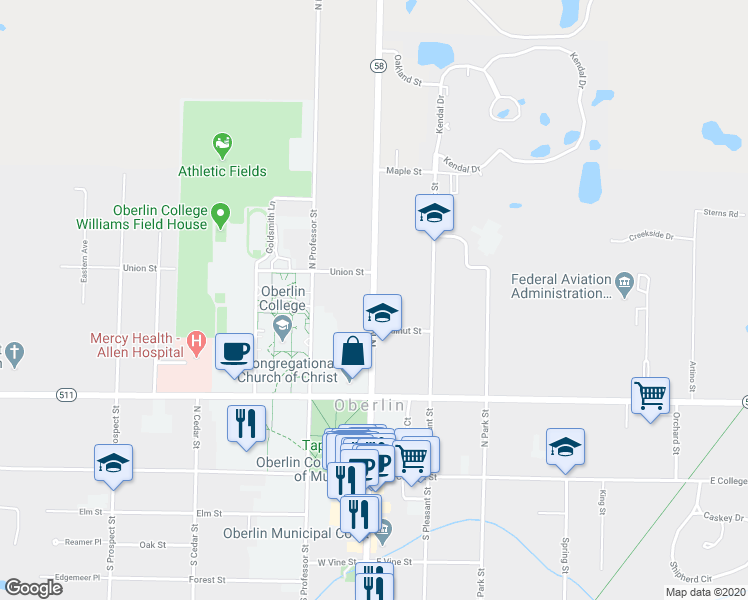 map of restaurants, bars, coffee shops, grocery stores, and more near 309 North Main Street in Oberlin