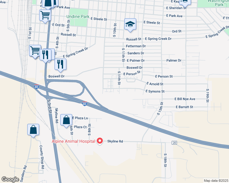 map of restaurants, bars, coffee shops, grocery stores, and more near 1824 South 11th Street in Laramie