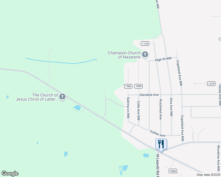 map of restaurants, bars, coffee shops, grocery stores, and more near 5210 Old Colony Drive Southwest in Warren