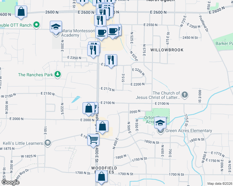 map of restaurants, bars, coffee shops, grocery stores, and more near 2182 North 500 East in North Ogden