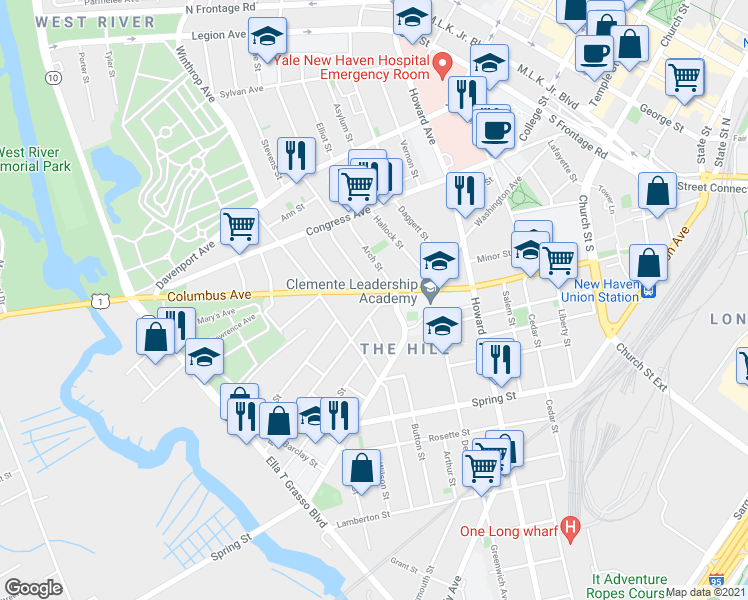 map of restaurants, bars, coffee shops, grocery stores, and more near 395 Columbus Avenue in New Haven
