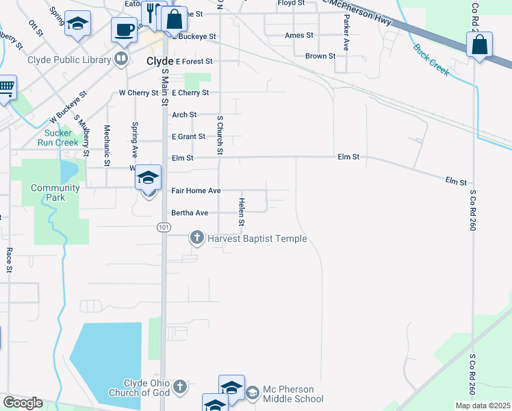 map of restaurants, bars, coffee shops, grocery stores, and more near 314 Fair Home Avenue in Clyde