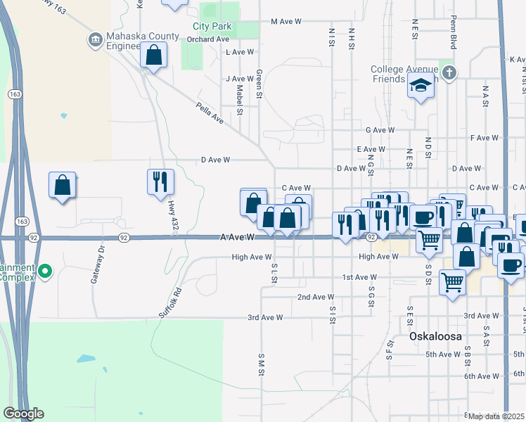 map of restaurants, bars, coffee shops, grocery stores, and more near 367-399 North L Street in Oskaloosa