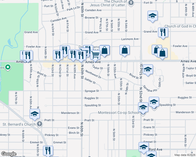 map of restaurants, bars, coffee shops, grocery stores, and more near 4311 North 58th Street in Omaha