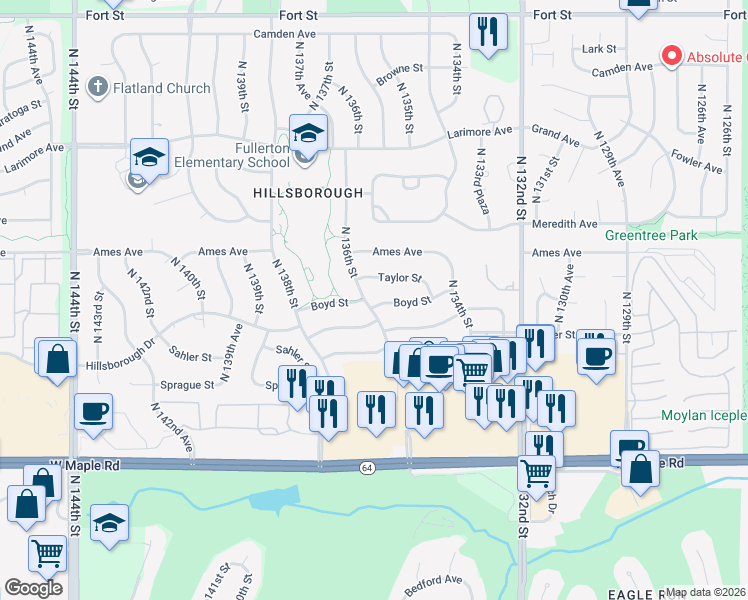 map of restaurants, bars, coffee shops, grocery stores, and more near 13529 Taylor Street in Omaha