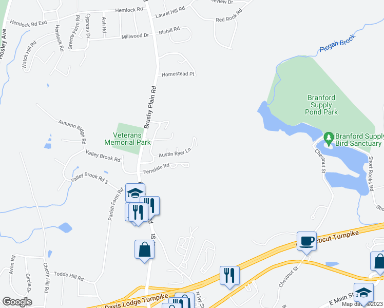 map of restaurants, bars, coffee shops, grocery stores, and more near 225 Austin Ryer Lane in Branford