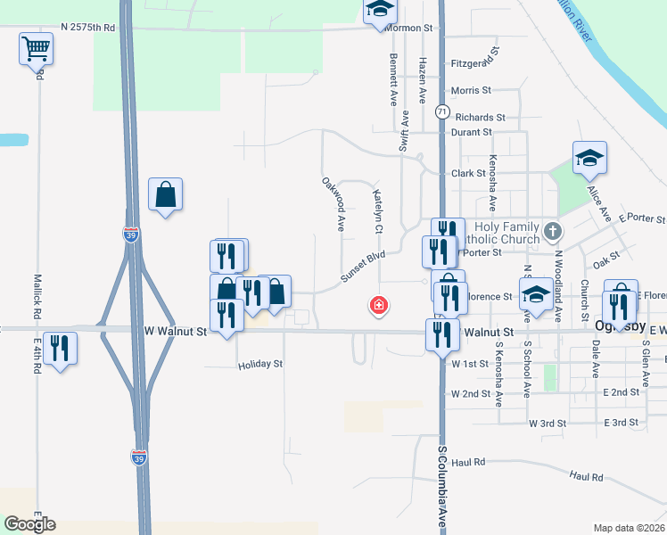 map of restaurants, bars, coffee shops, grocery stores, and more near 216 Oakwood Avenue in Oglesby