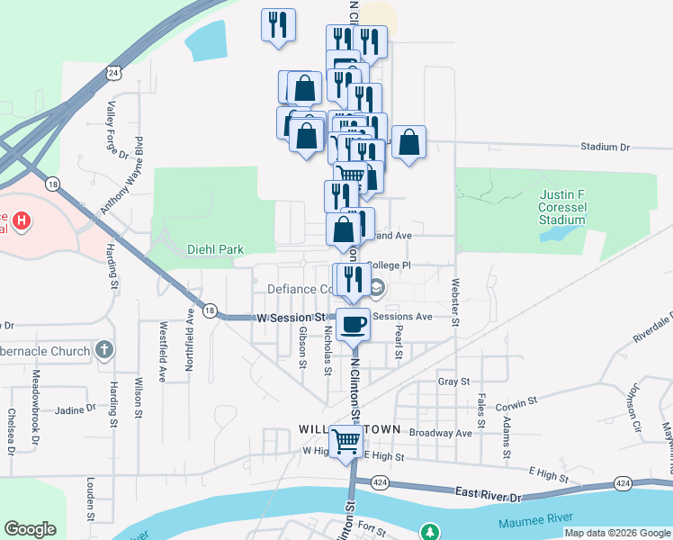 map of restaurants, bars, coffee shops, grocery stores, and more near 125 Carter Avenue in Defiance