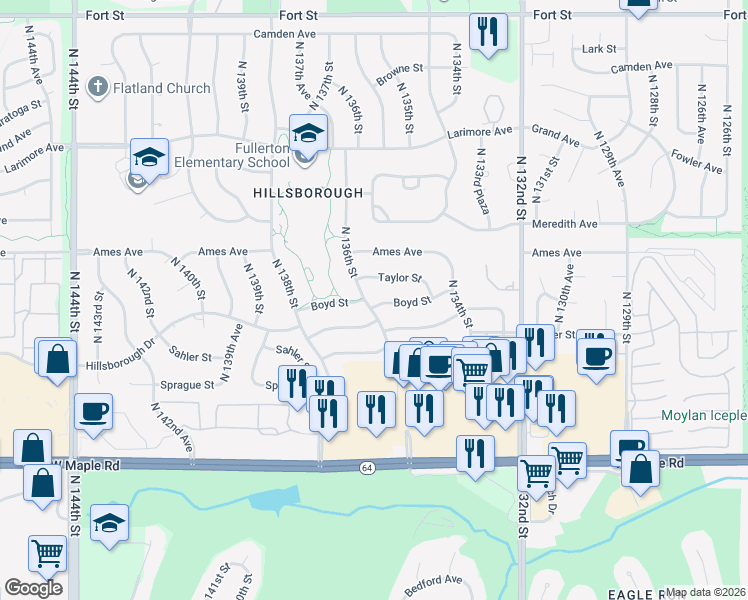 map of restaurants, bars, coffee shops, grocery stores, and more near 13529 Taylor Street in Omaha